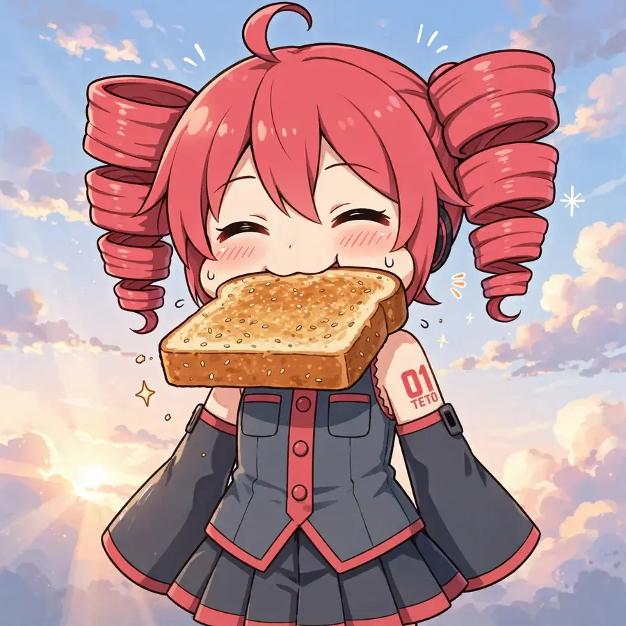 Teto pfp cute: original chibi Teto with bread in her mouth, comedic