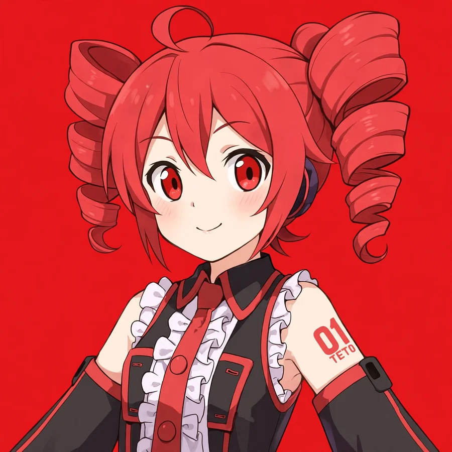 Teto pfp: original Kasane Teto portrait with red drill pigtails and red eyes