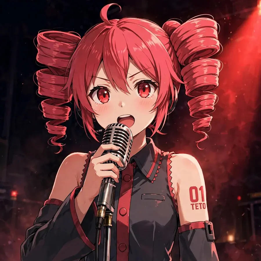 Kasane teto pfp: original Teto singing into a vintage microphone on stage