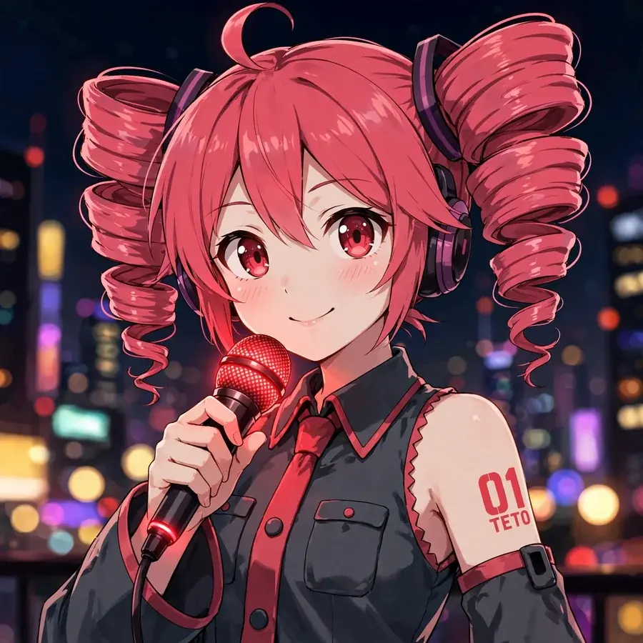 Kasane teto pfps: original Teto holding a glowing red microphone at night
