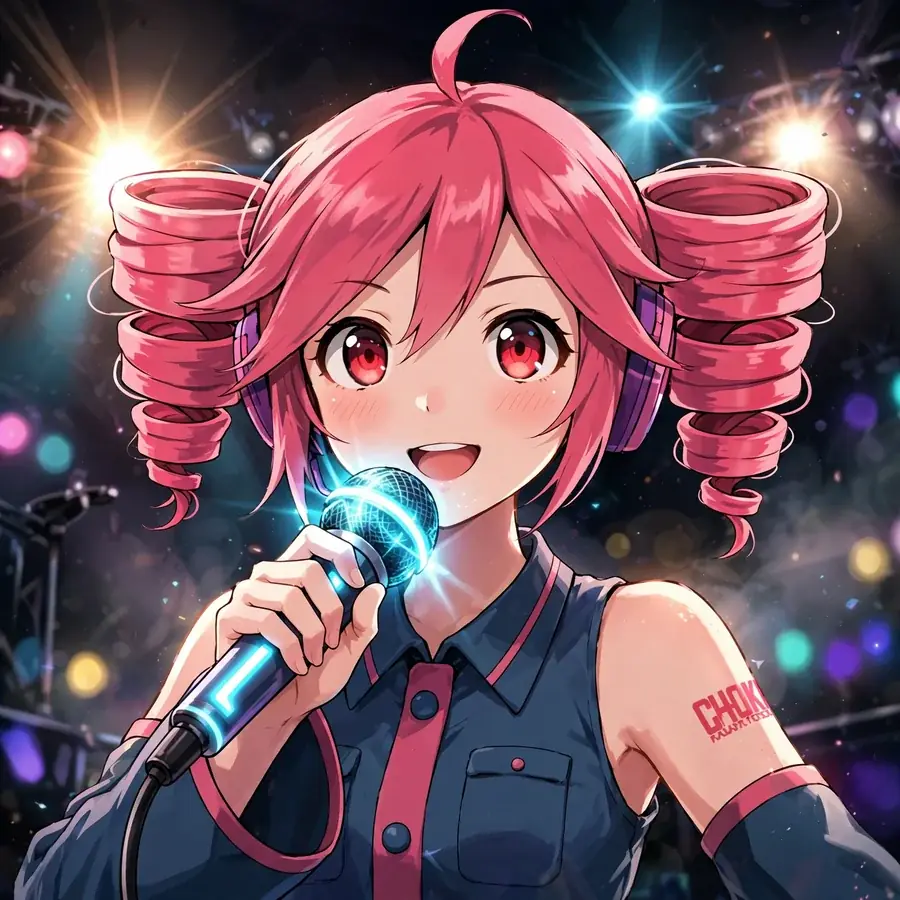 Kasane teto pfps: original Teto close-up with a glowing microphone on stage