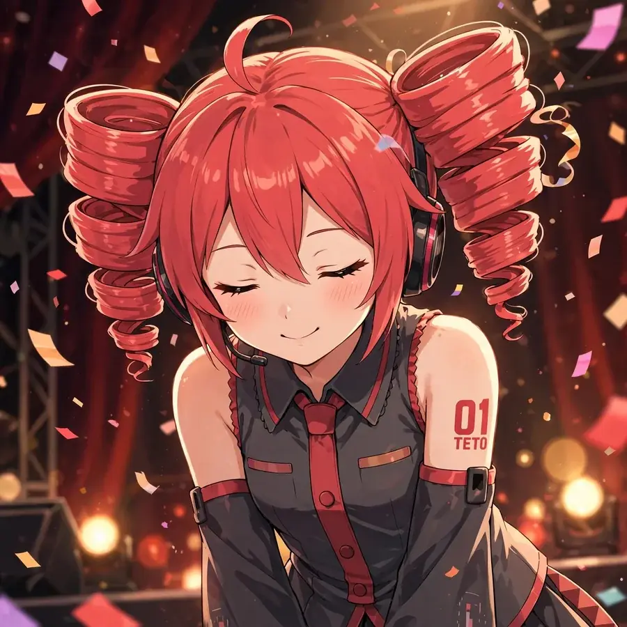 Teto pfp: original Kasane Teto taking an encore bow in falling confetti