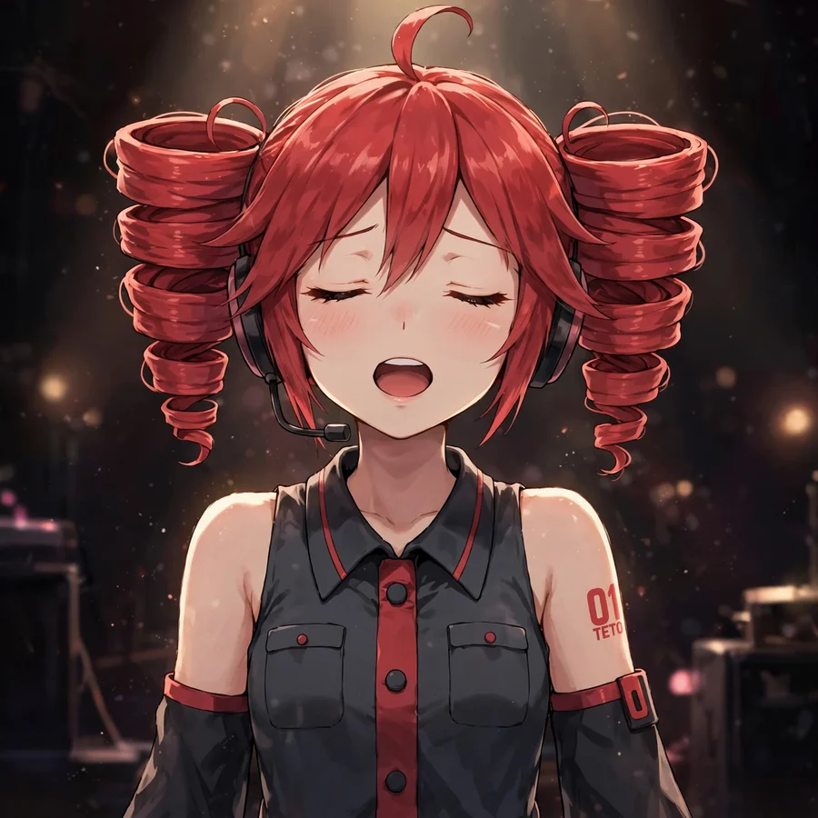 Kasane teto pfp: original Teto singing with eyes closed under stage light