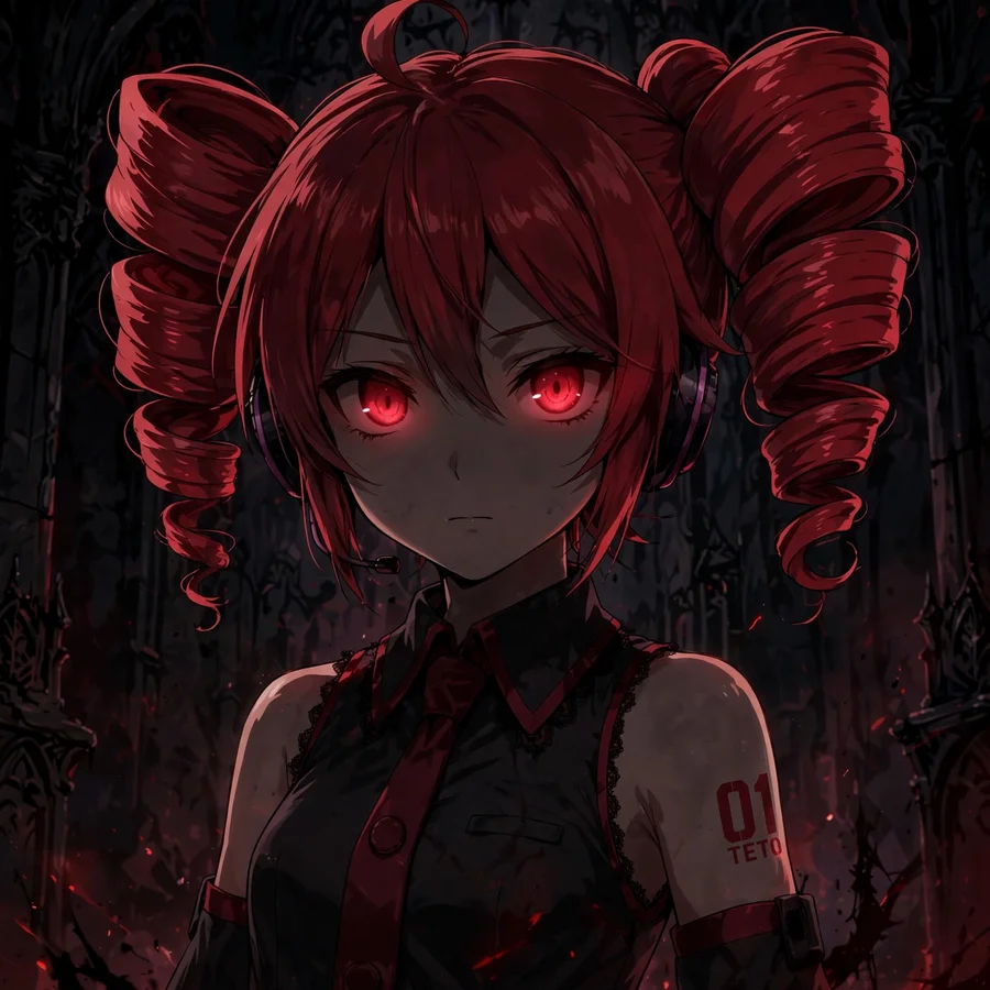 Dark teto pfp: original Kasane Teto in shadows with glowing red eyes