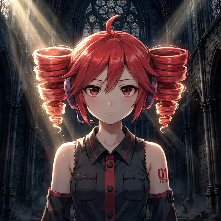Teto pfp dark: original Kasane Teto in a dark cathedral light