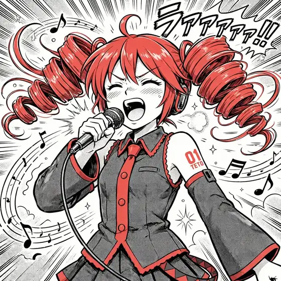 Teto pfps: original manga style Kasane Teto singing into a microphone