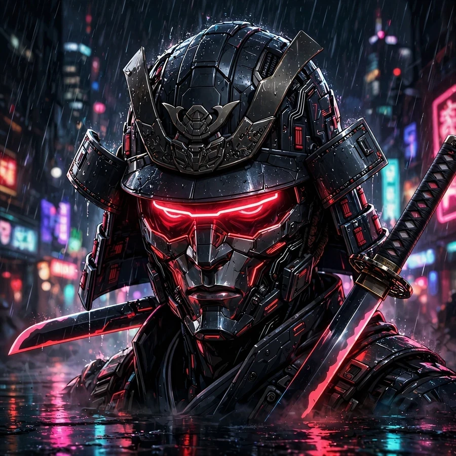 Hard tuff pfp: cyber samurai with a glowing neon-red visor in the rain