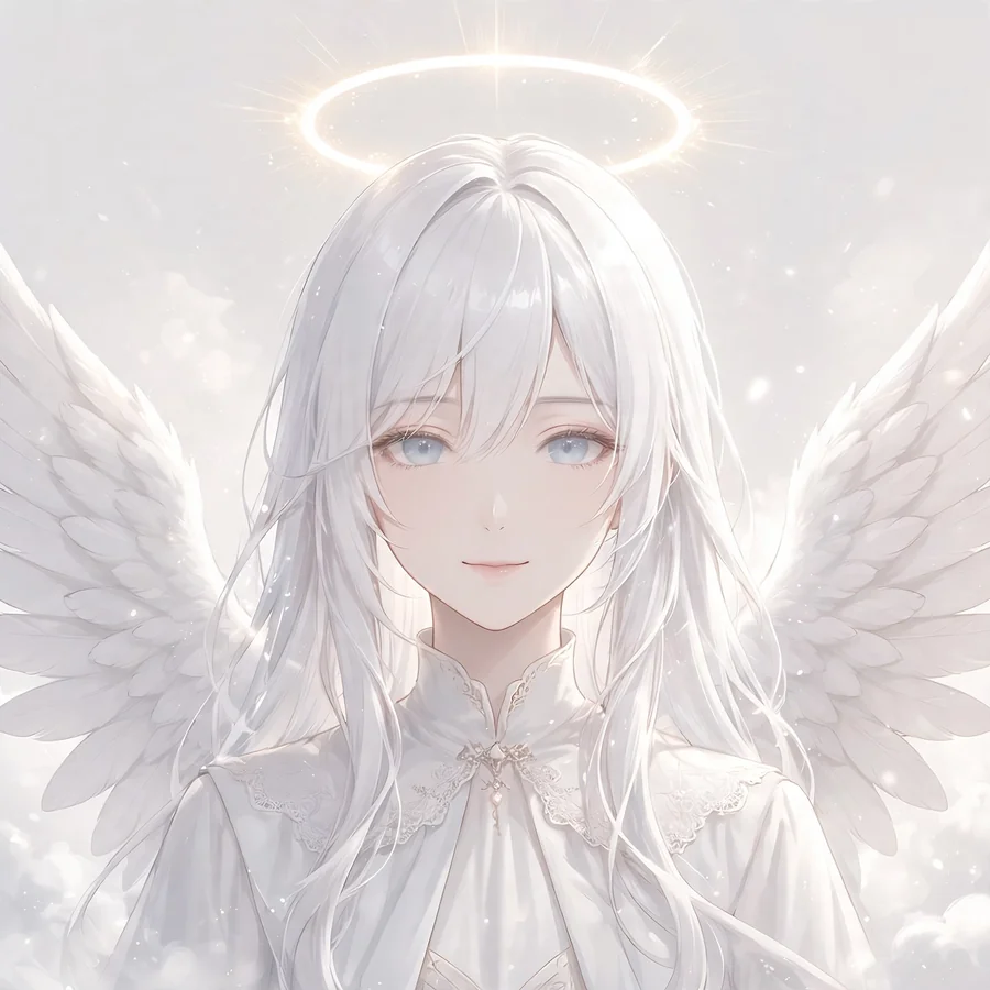 White pfp: elegant anime angel girl with white wings and a glowing halo