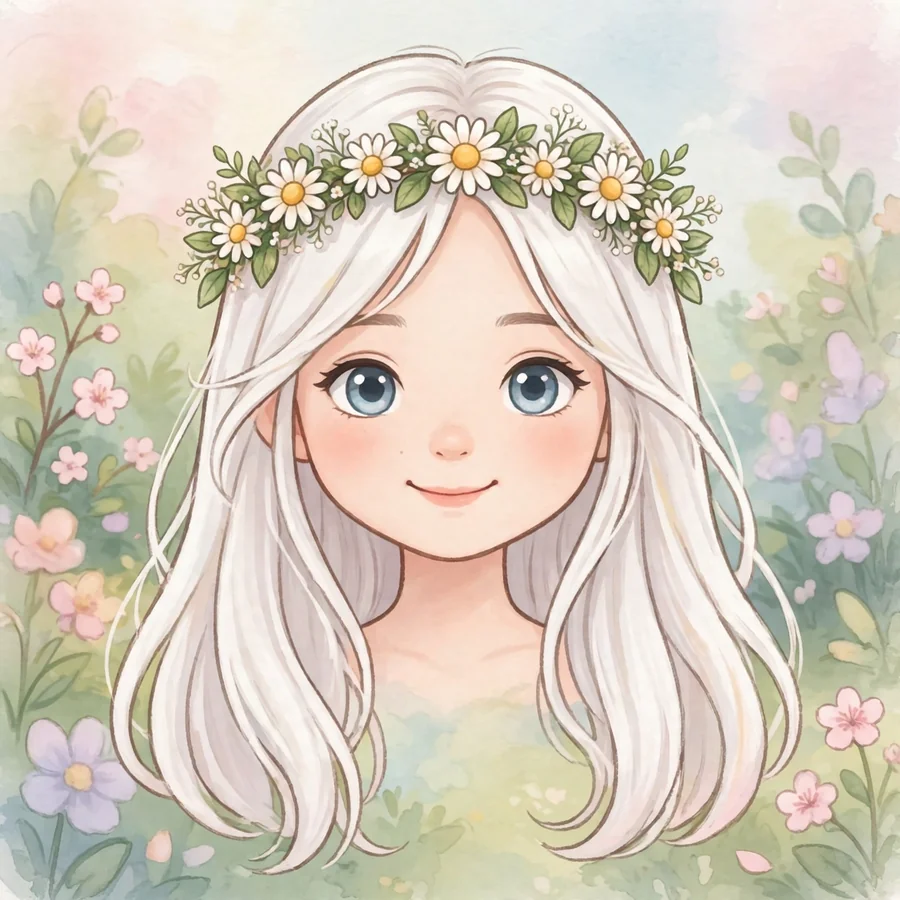 White girl pfp cartoon: cute cartoon girl with white hair and a daisy crown
