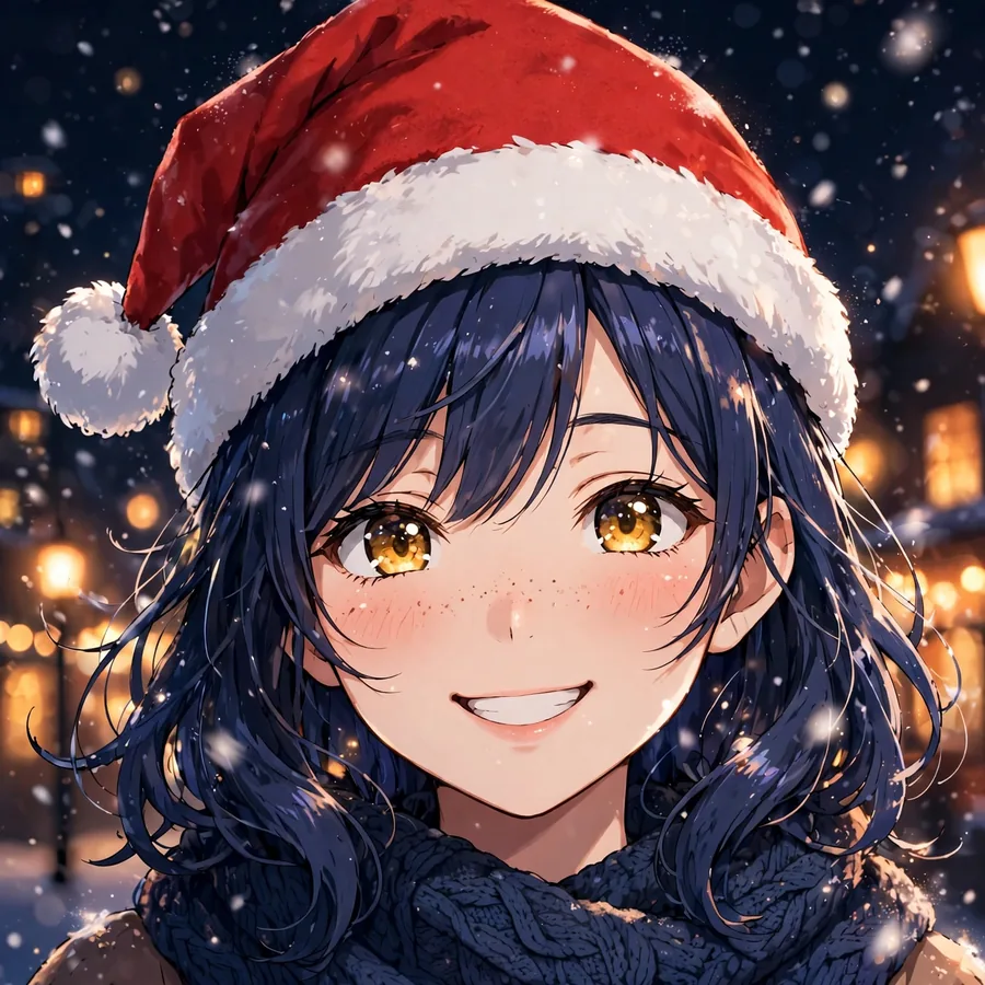 Christmas anime girl pfp wearing a red santa hat in gentle snowfall