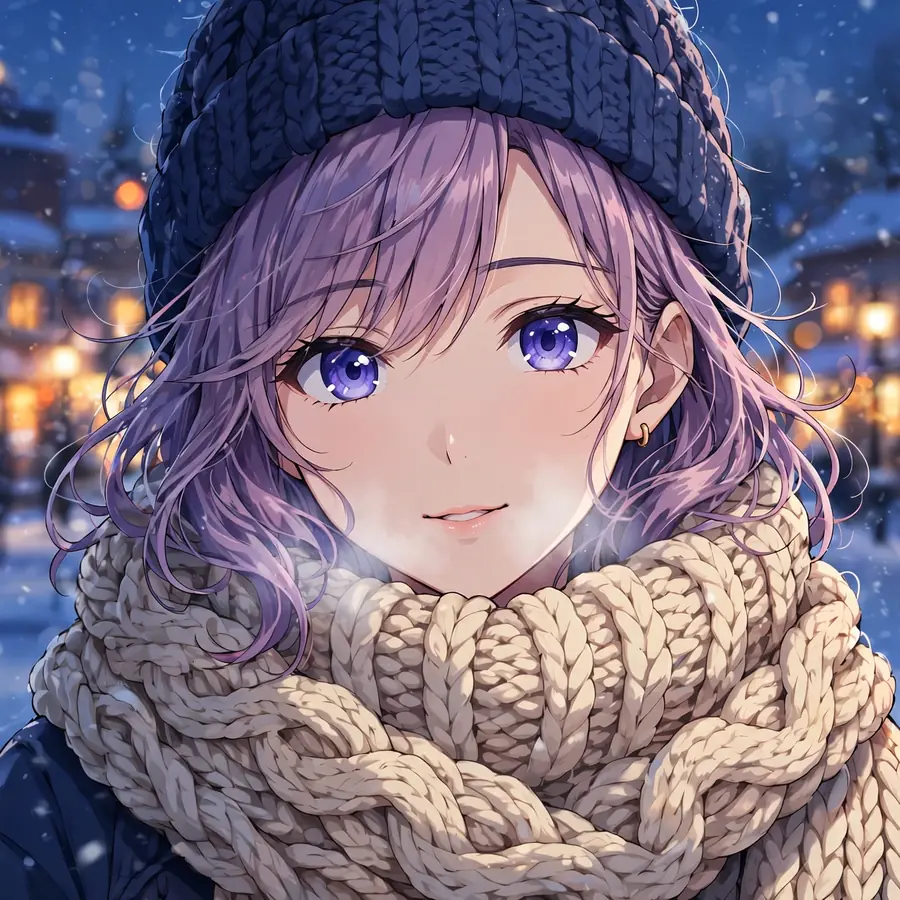 Christmas anime girl pfp with chunky knit scarf and snowy town lights behind