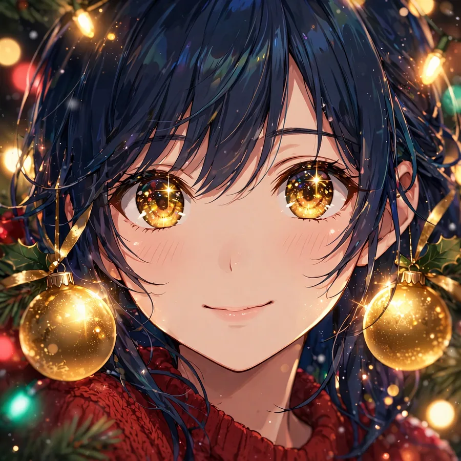 Christmas anime girl pfp with golden Christmas tree lights bokeh