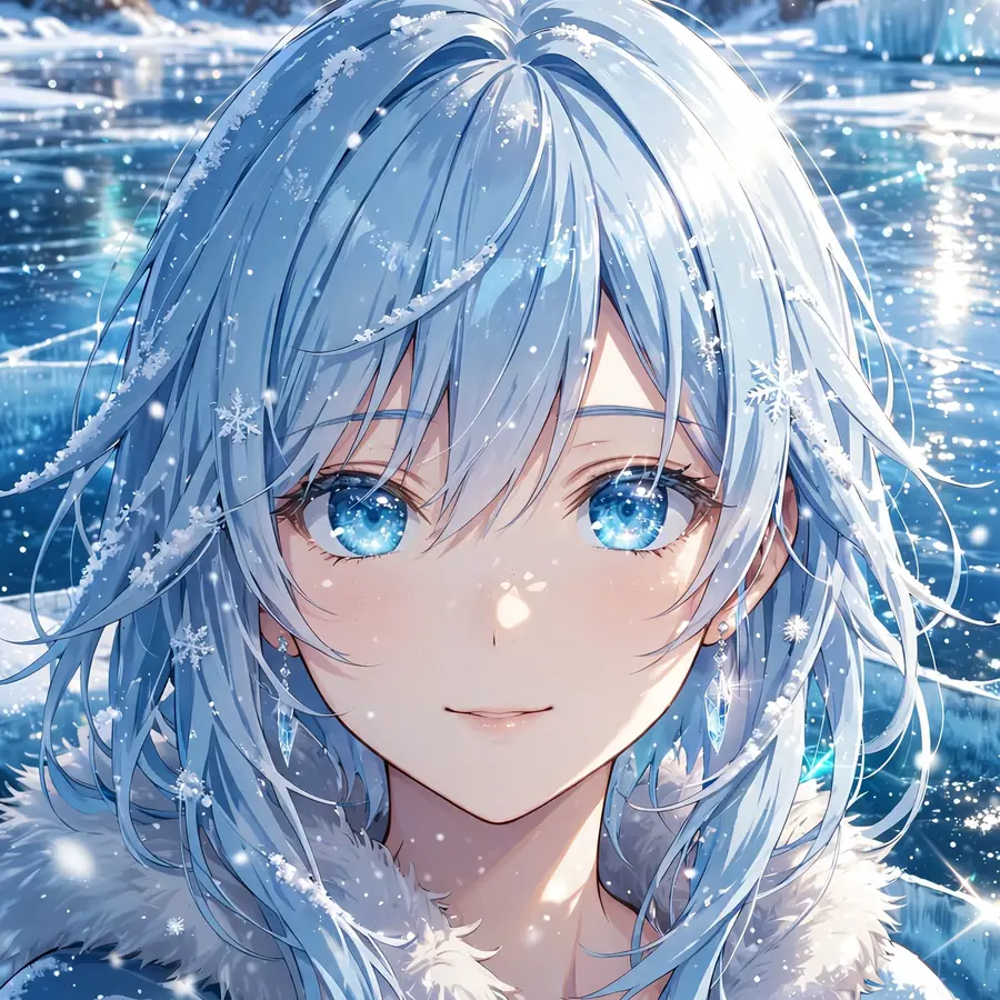 Christmas anime girl pfp with ice-blue hair and snowflakes over a frozen lake