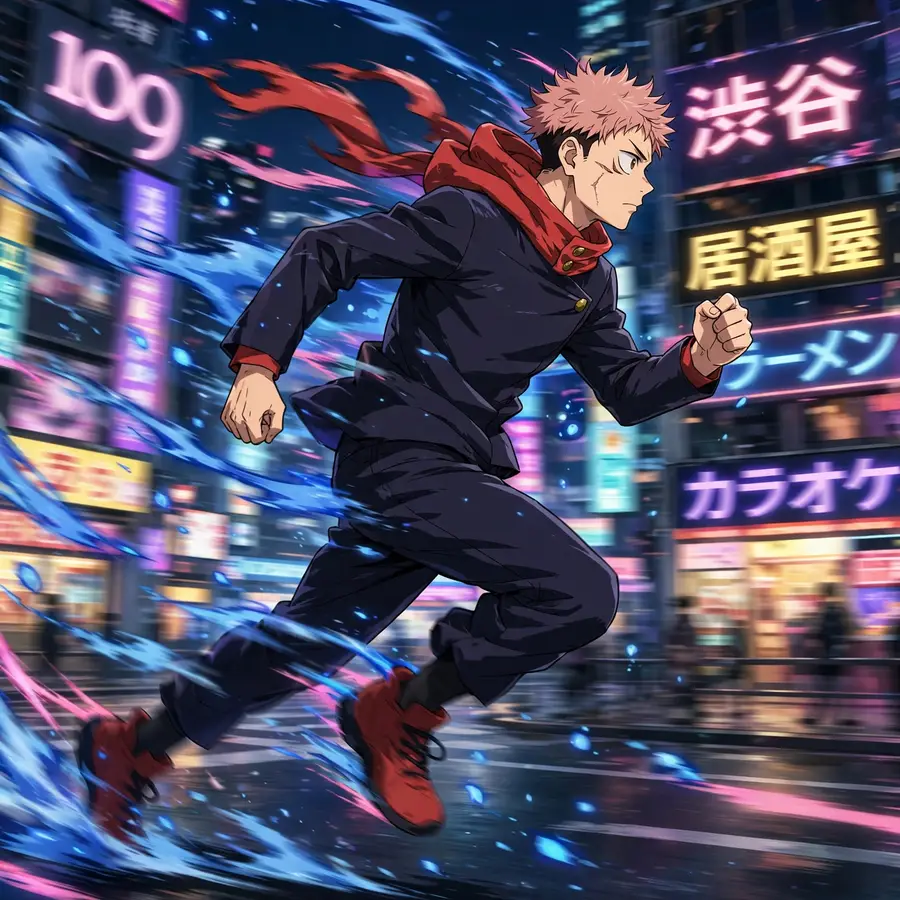 Yuji pfp anime: original Shibuya neon run scene