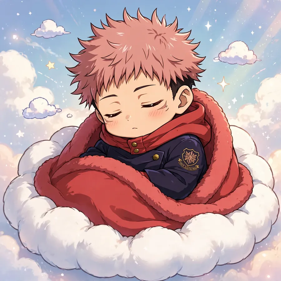Chibi pfp Yuji: original tiny Yuji napping on a cloud