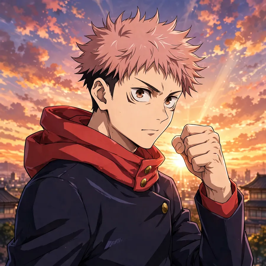 Yuji pfp: original fist-raised stance in Jujutsu High uniform