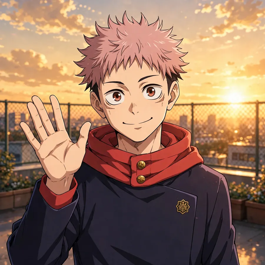 Yuji Itadori pfp: original rooftop wave with red hood