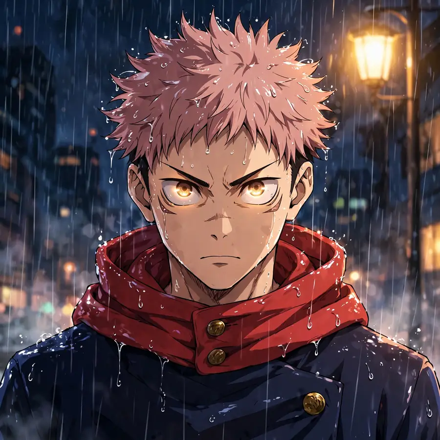 Yuji pfp dark: original rain at night, moody portrait