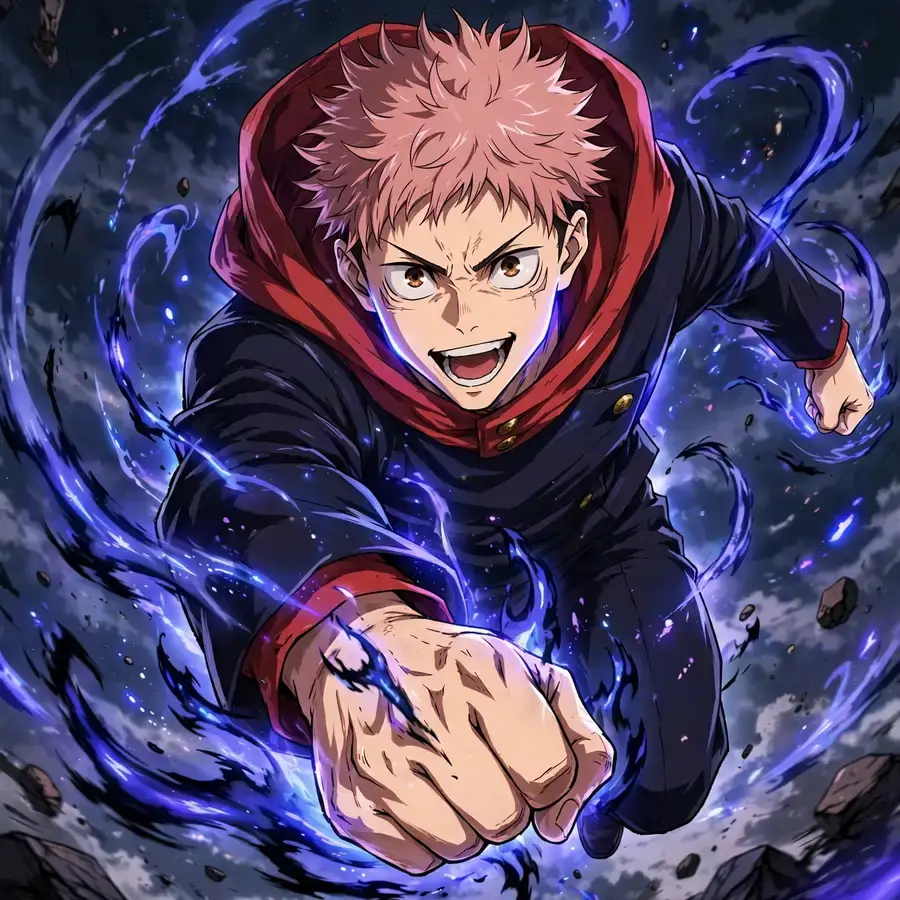 Yuji fighting pfp: original leaping punch, cursed energy fists