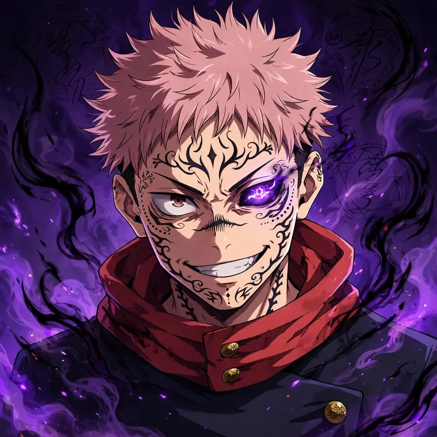 Yuji Sukuna pfp: original Yuji with cursed tribal markings spreading