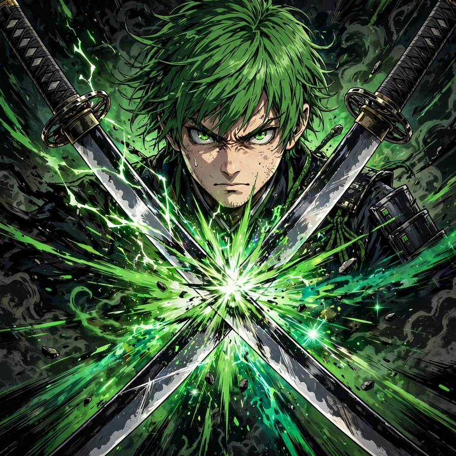 Zoro pfps: original clashing blades with green energy burst