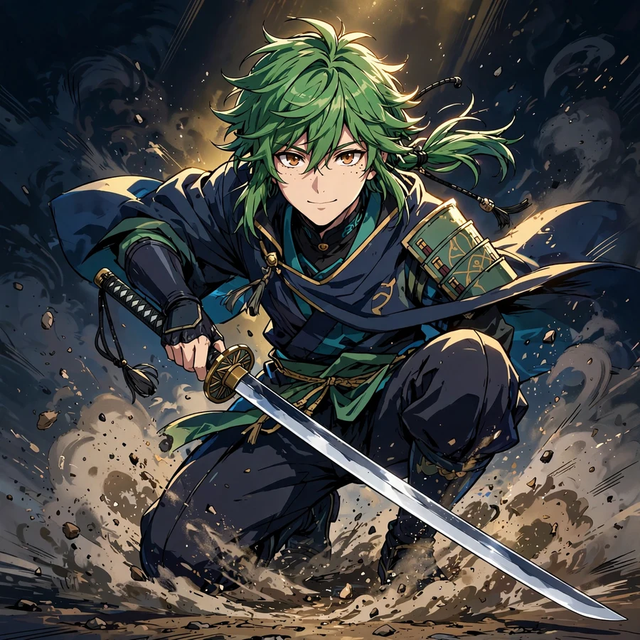 Cool zoro pfp: original swordsman landing pose with dust cloud