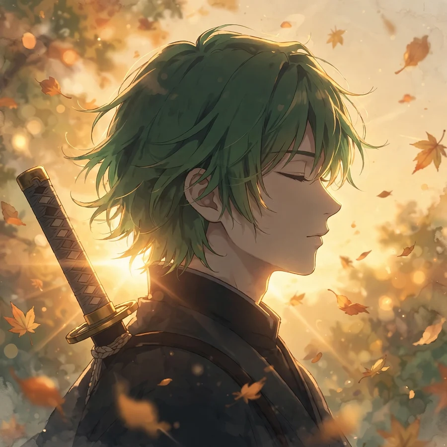 Zoro pfp aesthetic: original golden-hour silhouette with falling leaves