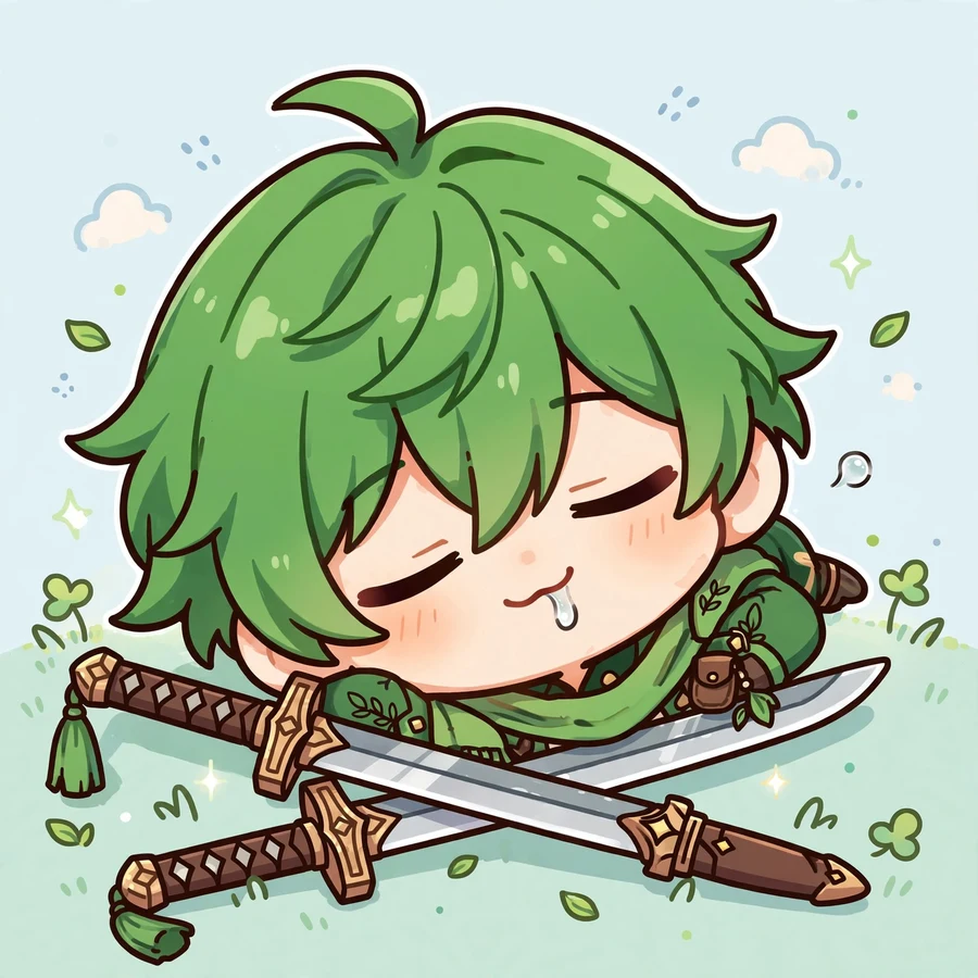 Zoro pfp: original chibi swordsman napping with swords as pillow