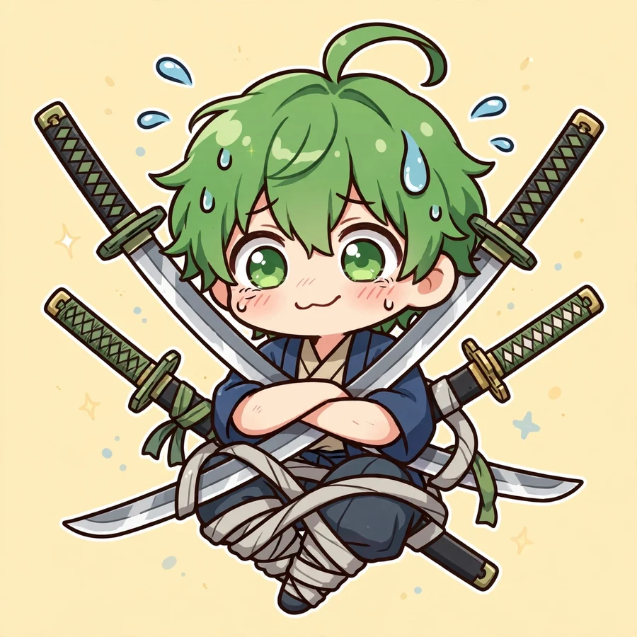 Funny zoro pfp: original chibi with comically tangled swords