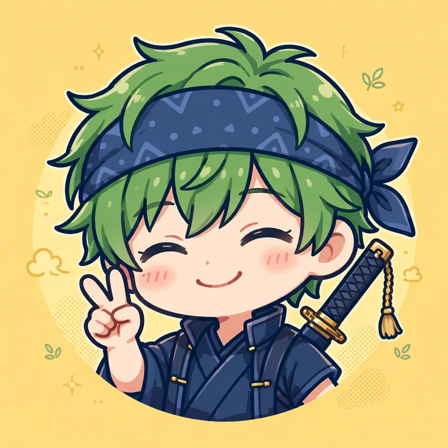 Zoro pfps: original chibi swordsman doing peace sign with bandana