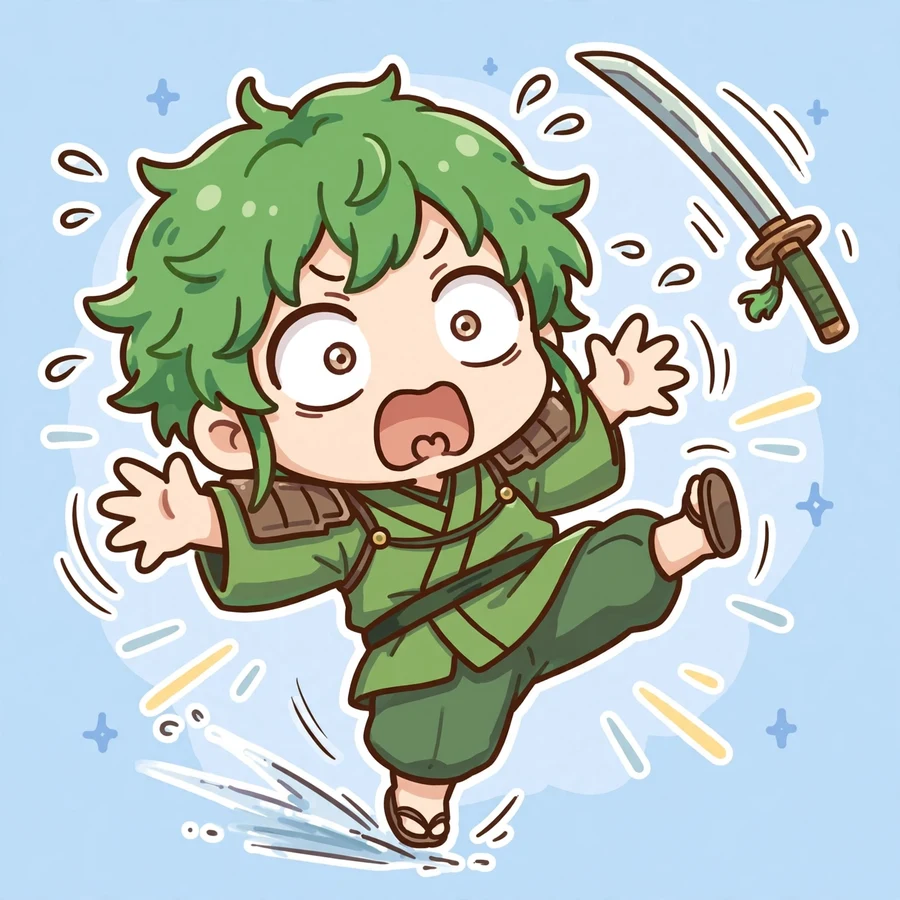 Zoro pfp: original chibi swordsman slipping with surprised face
