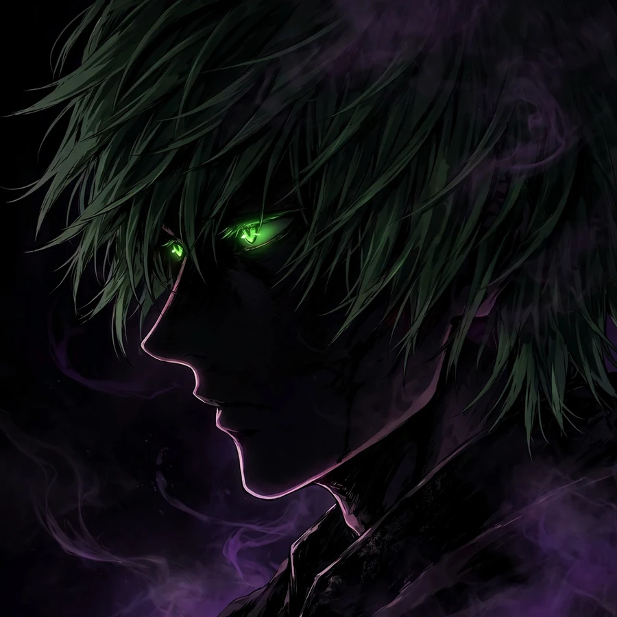 Dark zoro pfp: original shadowed swordsman face with glowing green eyes