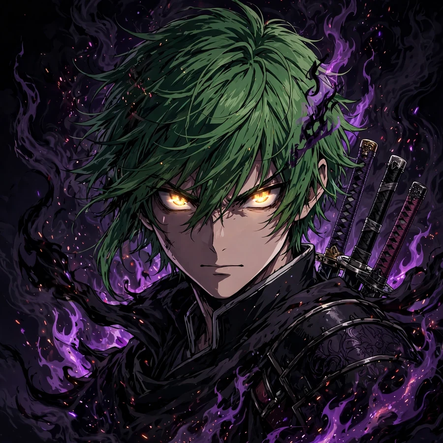 Zoro pfps: original swordsman portrait with dark flame aura