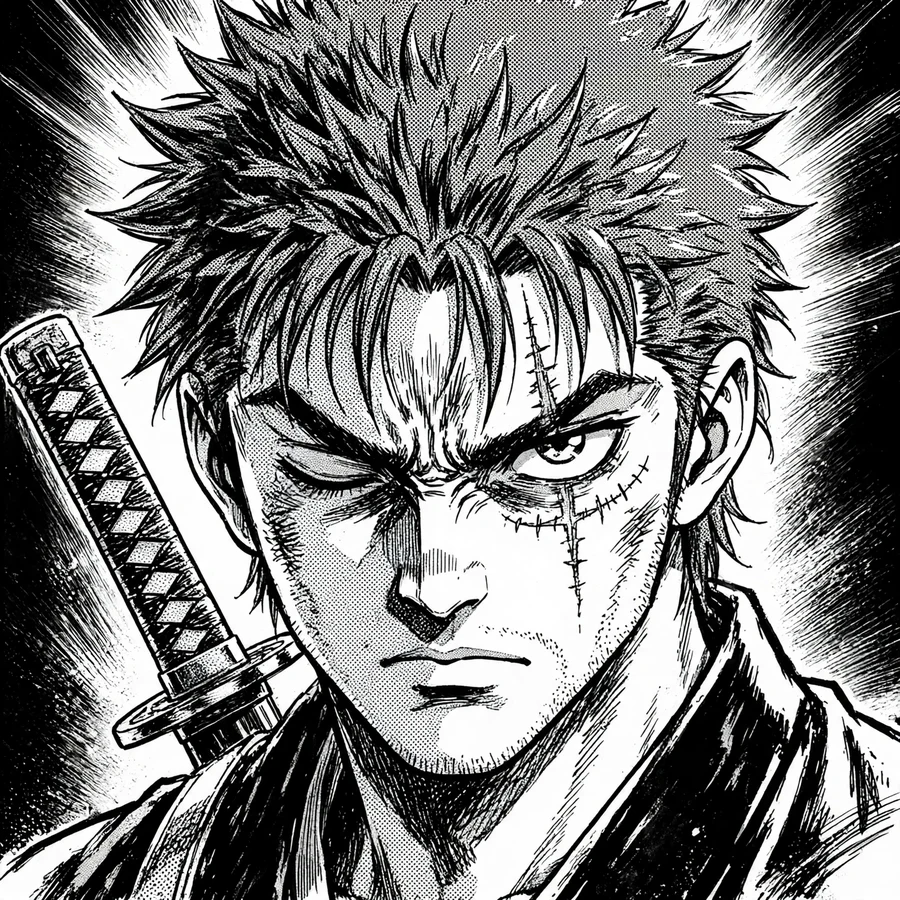 Zoro manga pfp: original inked swordsman close-up with screentone shading