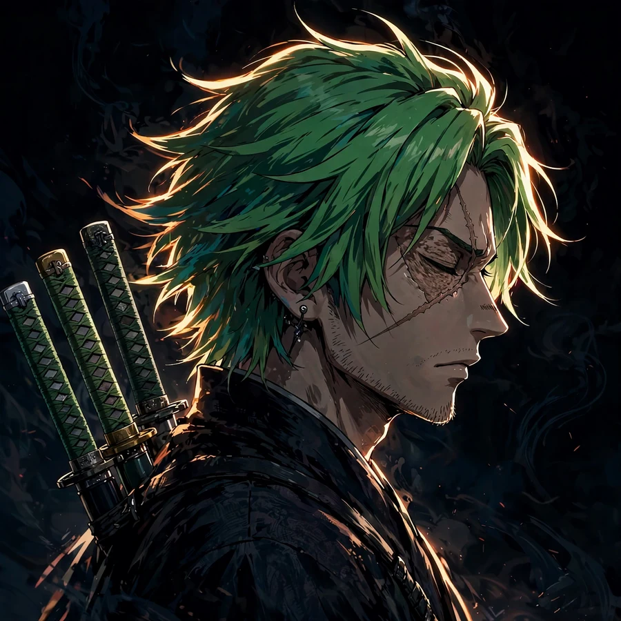 Cool zoro pfp: original swordsman side profile with katana hilts visible