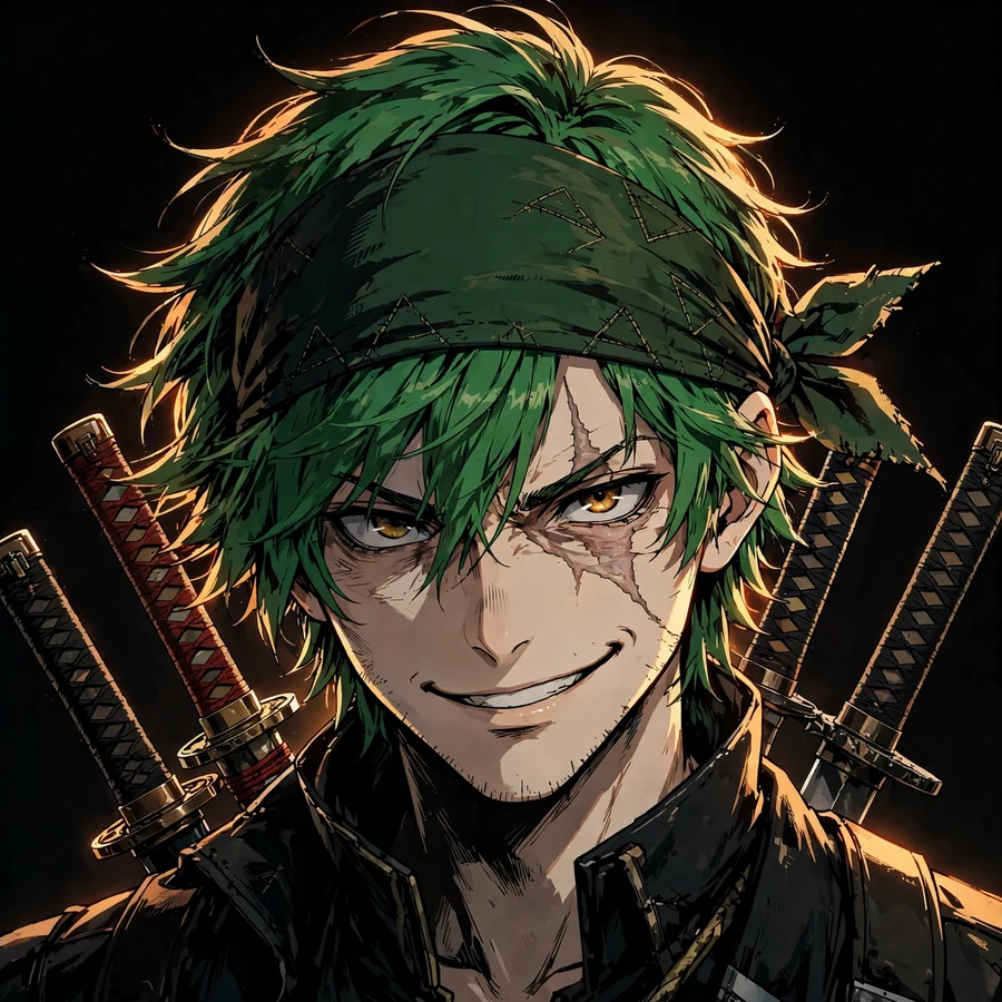 Roronoa zoro pfp: original smirking swordsman portrait wearing a bandana