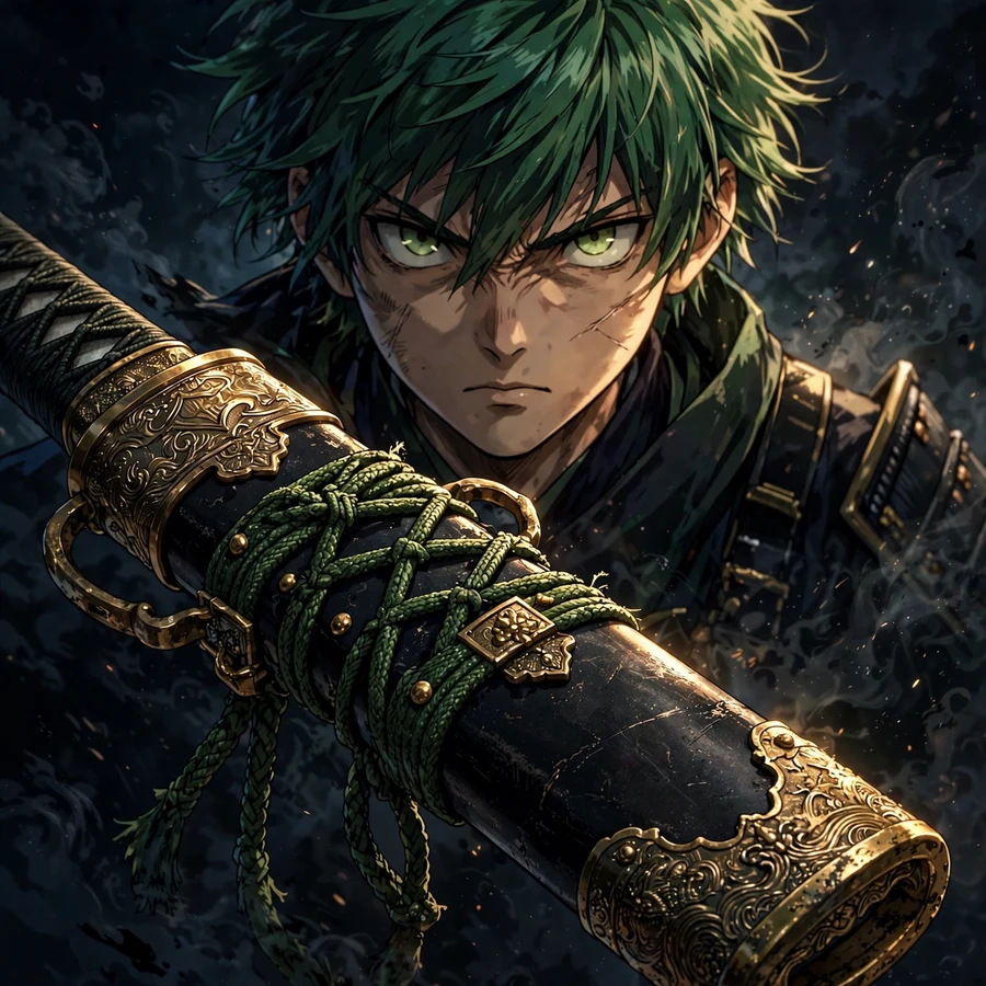 Zoro profile pic: original katana sheath detail with swordsman face behind