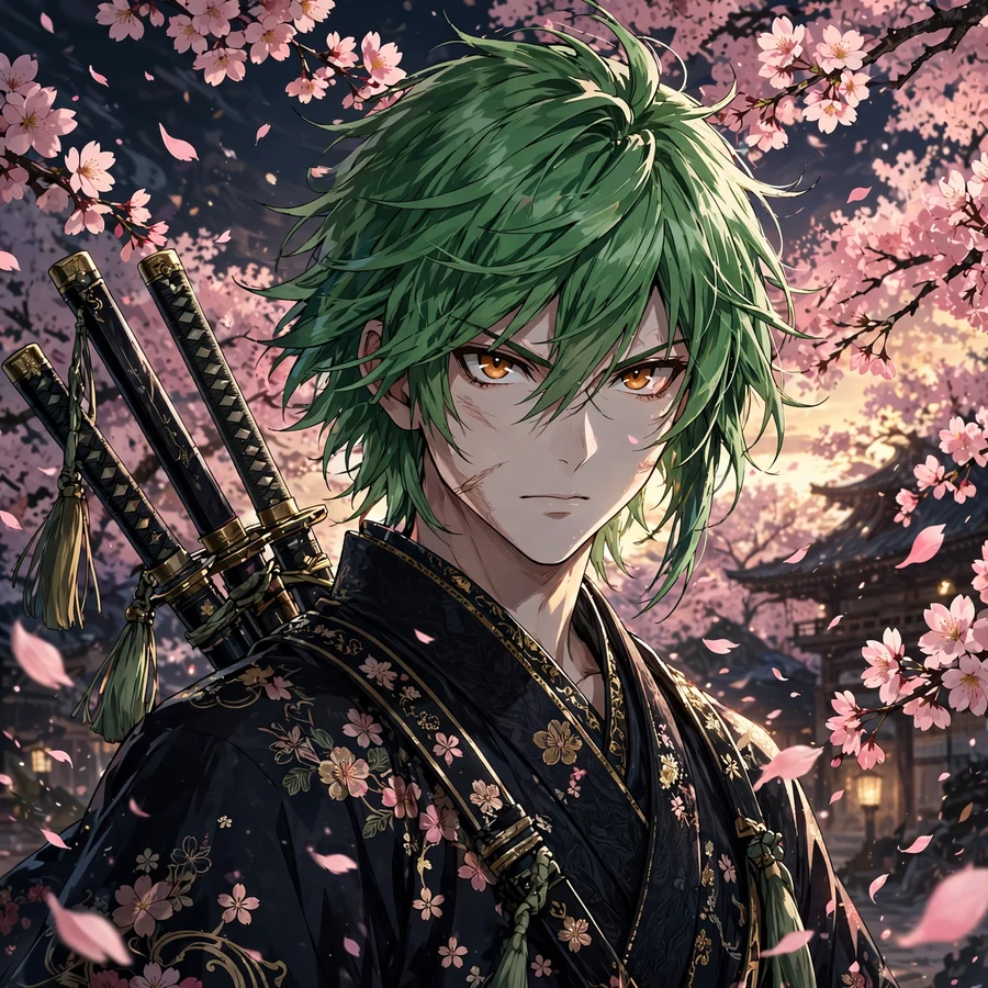Zoro pfp: original swordsman in kimono under cherry blossoms