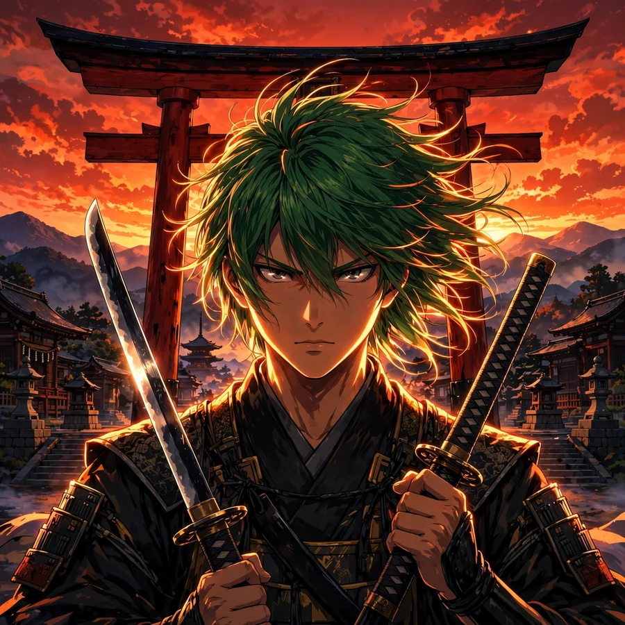 Zoro one piece pfp: original swordsman silhouette at red torii gate sunset
