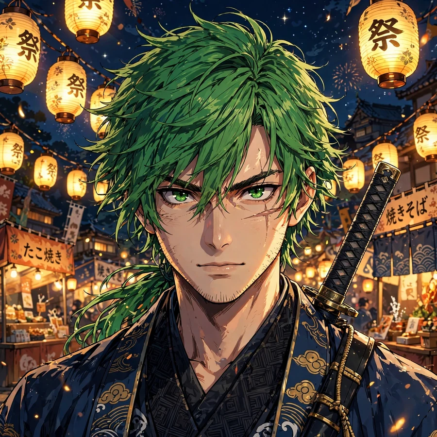 Zoro pfp: original portrait with paper lanterns at night festival