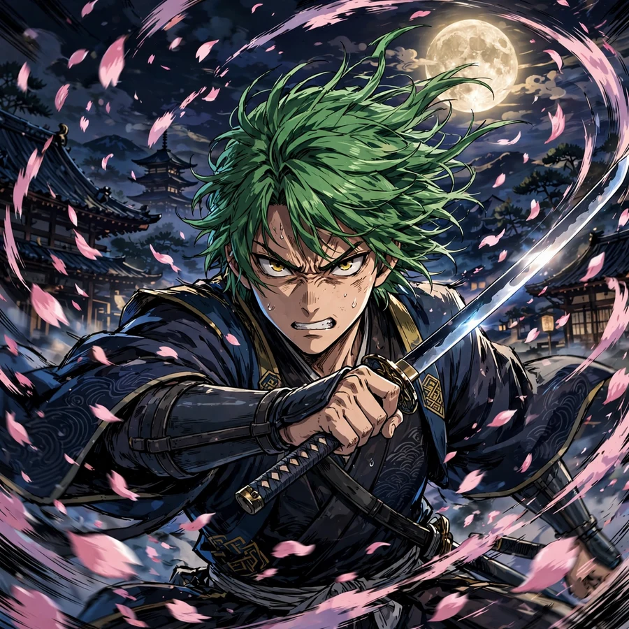 Cool zoro pfp: original dramatic pose with sakura petals and katana